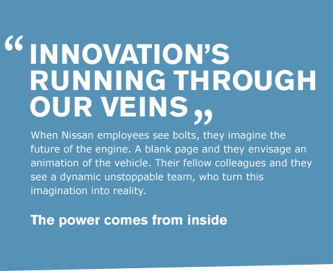 When Nissan employees see bolts, they imagine the future of the engine. A blank page and they envisage an animation of the vehicle. Their fellow colleagues and they see a dynamic unstoppable team, who turn this imagination into reality.